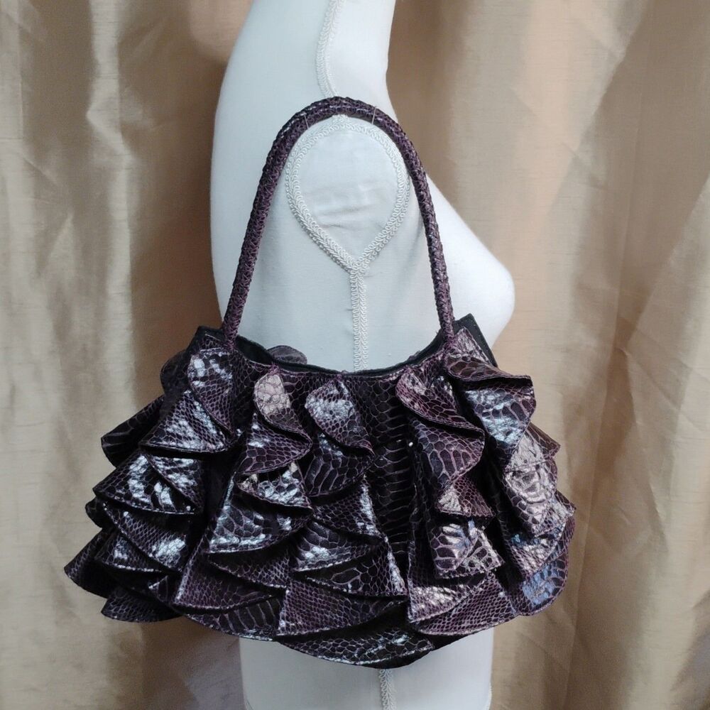 Sondra Robert Fairy grunge/Glam Deep Purple Reptile Print Ruffle Shoulder Bag